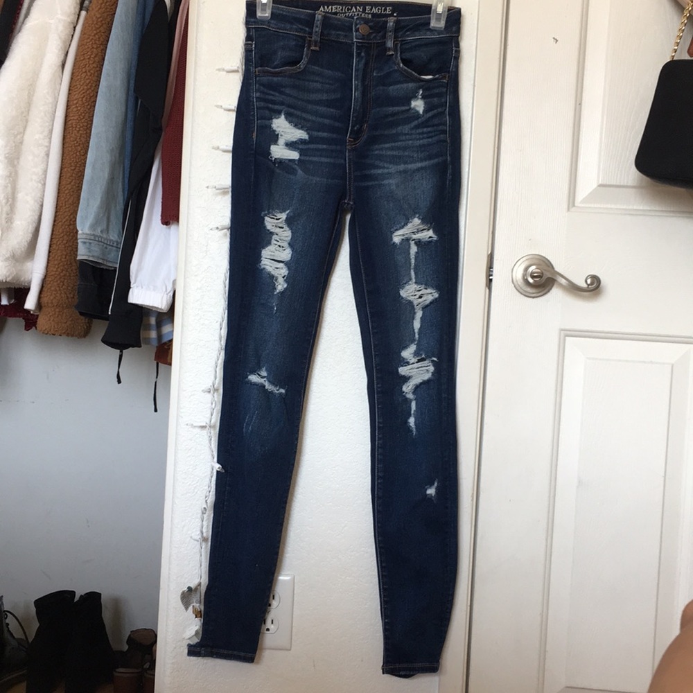 American Eagle “Hell Yeah” distress dark blue jean
